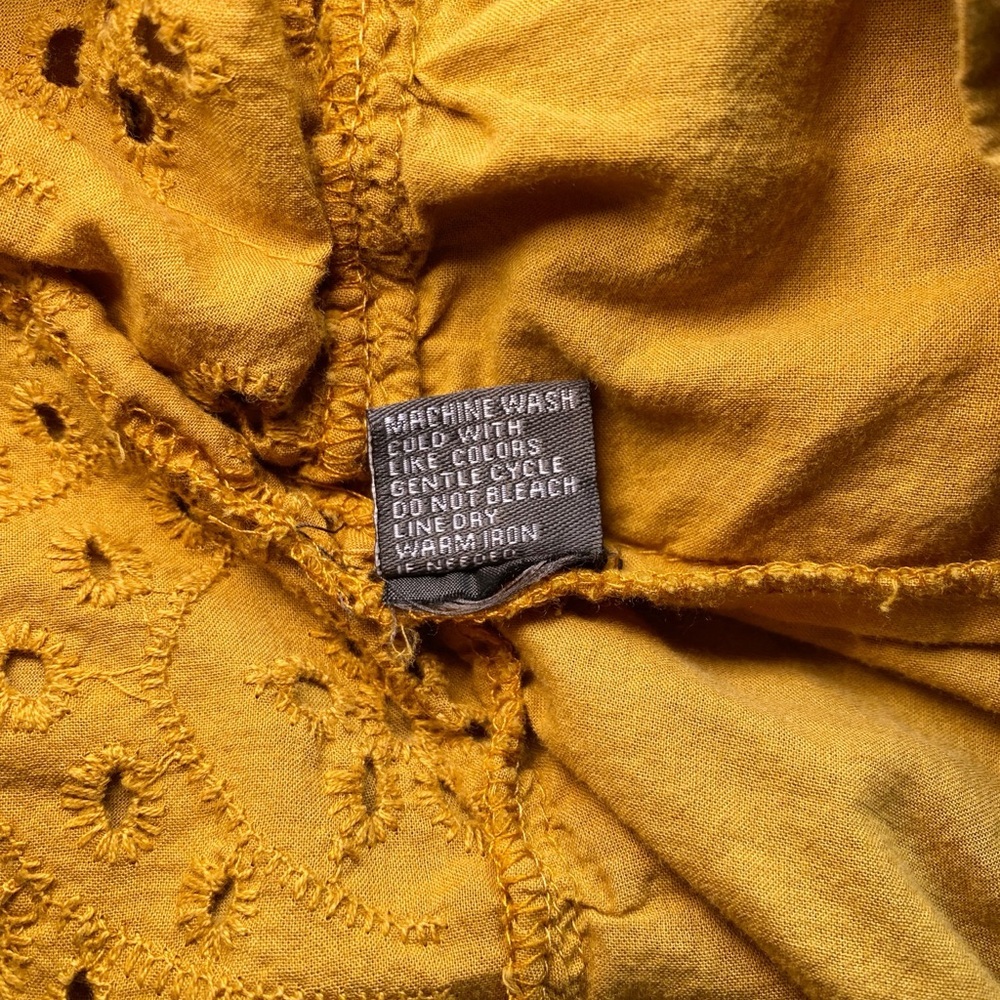 J Gee Mustard Yellow Boho Eyelet Tiered Midi Dress - Smocked Waist, V-Neck - Picture 10 of 16